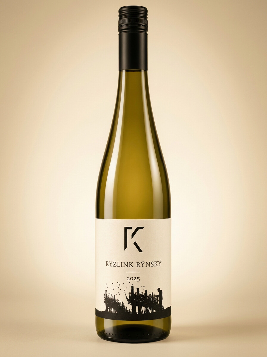 Ryzlink rýnský 2025 — Láhev Ryzlink rýnský 2025 na krémovém pozadí