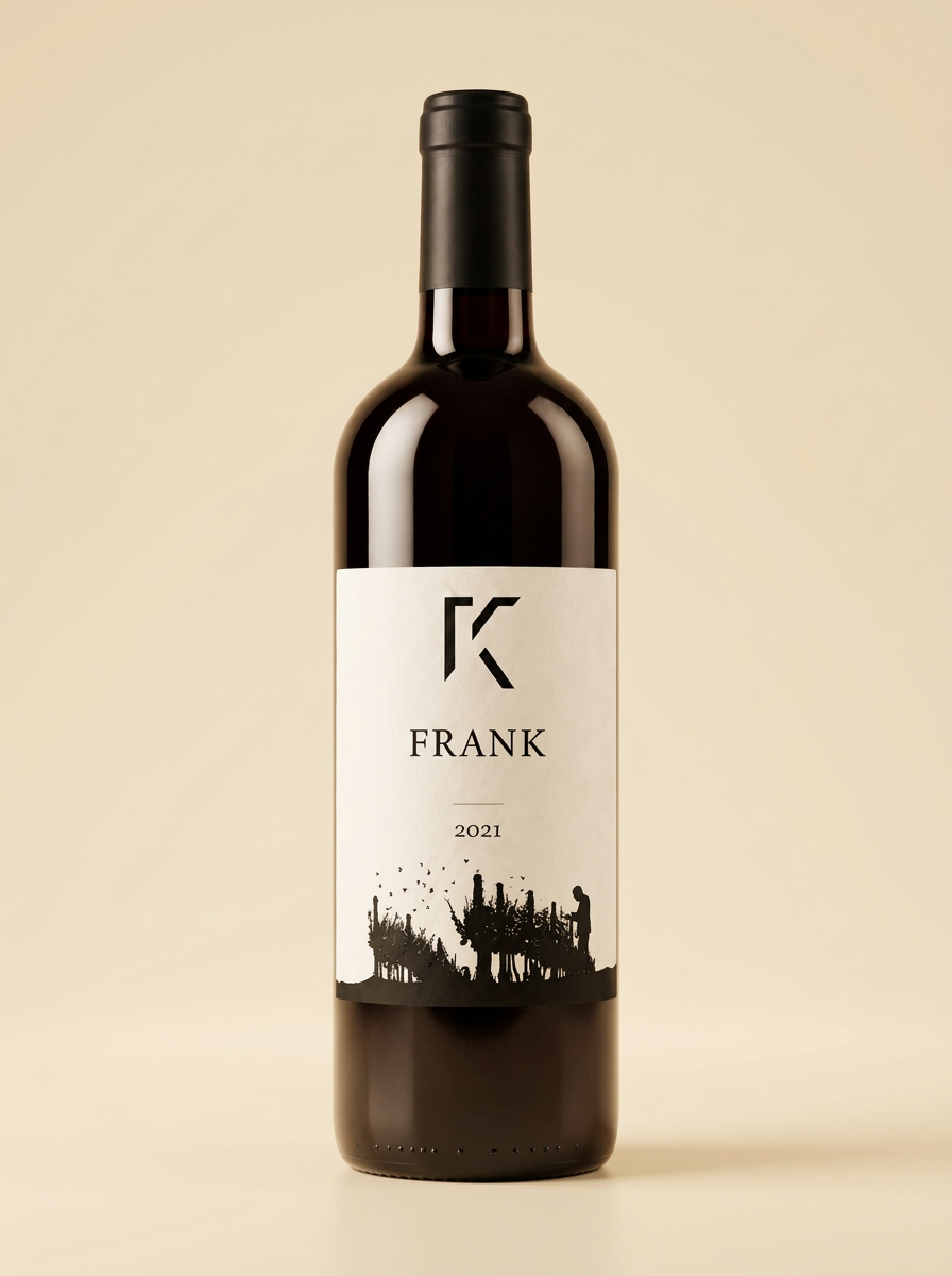 Frank — Cabernet Franc 2025 — Láhev Frank na krémovém pozadí
